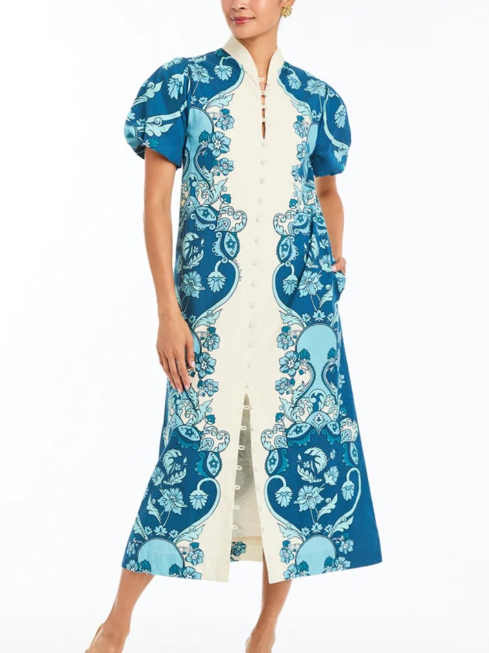Blue Floral Midi Dress with Button Front